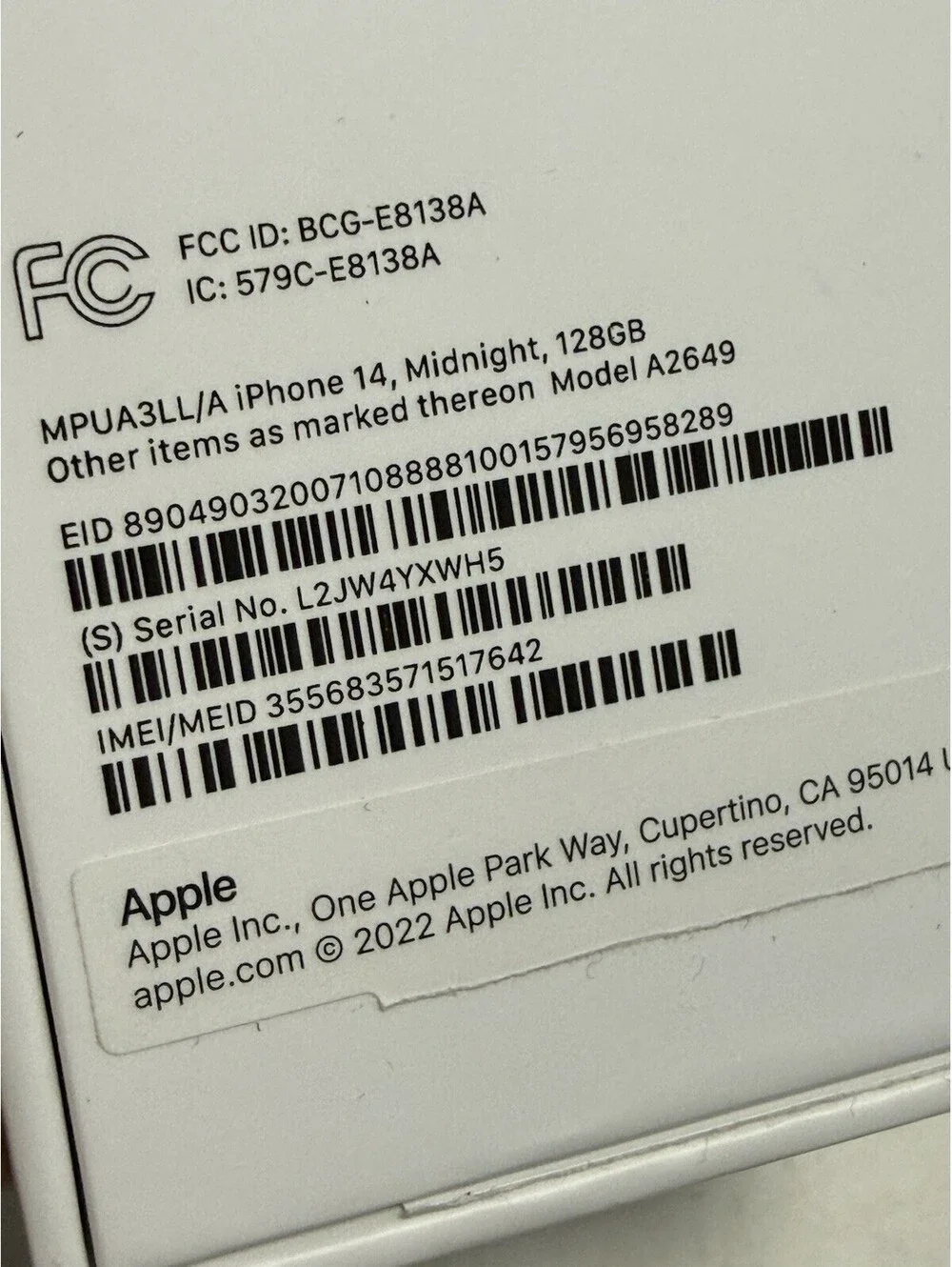 Box Only Apple iPhone 14 Midnight 128GB With Inserts